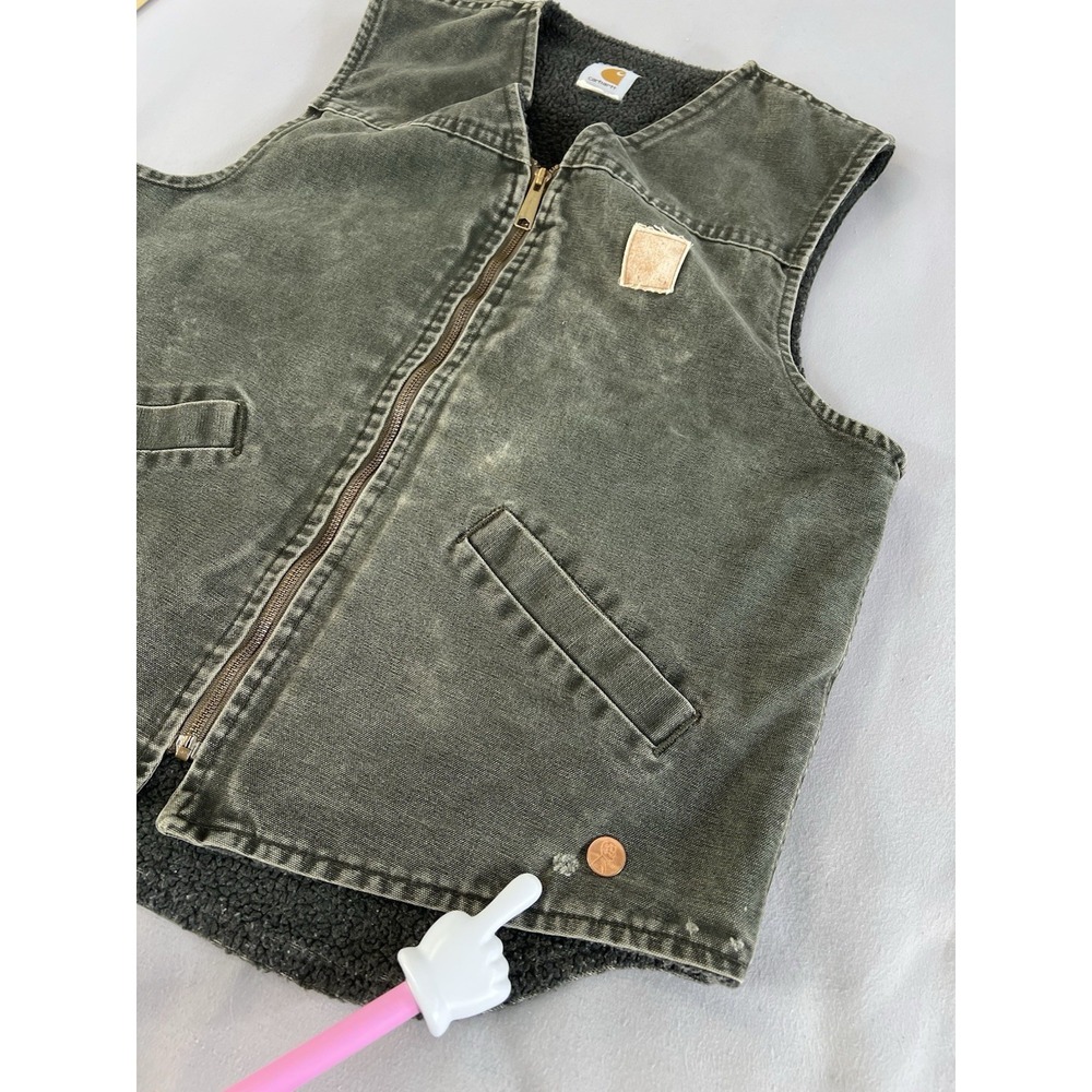 Vtg Carhartt Vest Men's Moss Green Duck Canvas Sherpa Lined Y2K - Picture 9 of 14